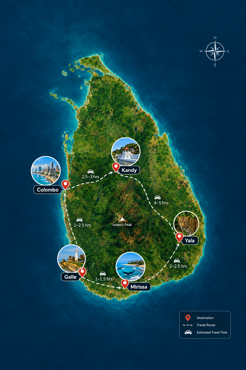 Map of Sri Lanka showing private transfer routes between Colombo, Kandy, Galle, Mirissa and Yala